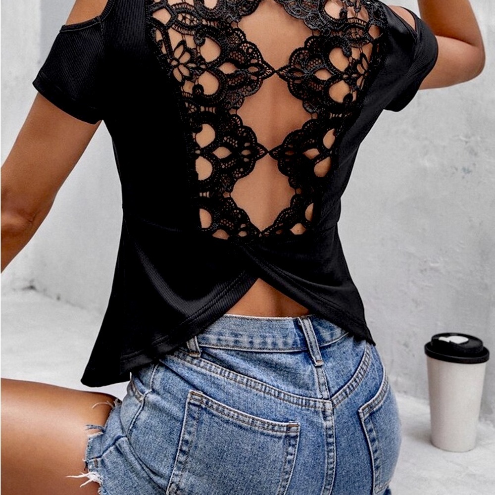 Venetian Lace Panel Wrap Back Cold Shoulder Super Soft Tee